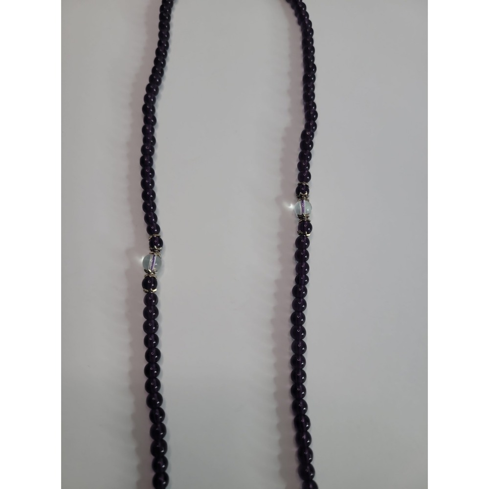 Purple Beaded Long Necklace Silver Tone Accent Drop Boho Layering Statement - Picture 6 of 10